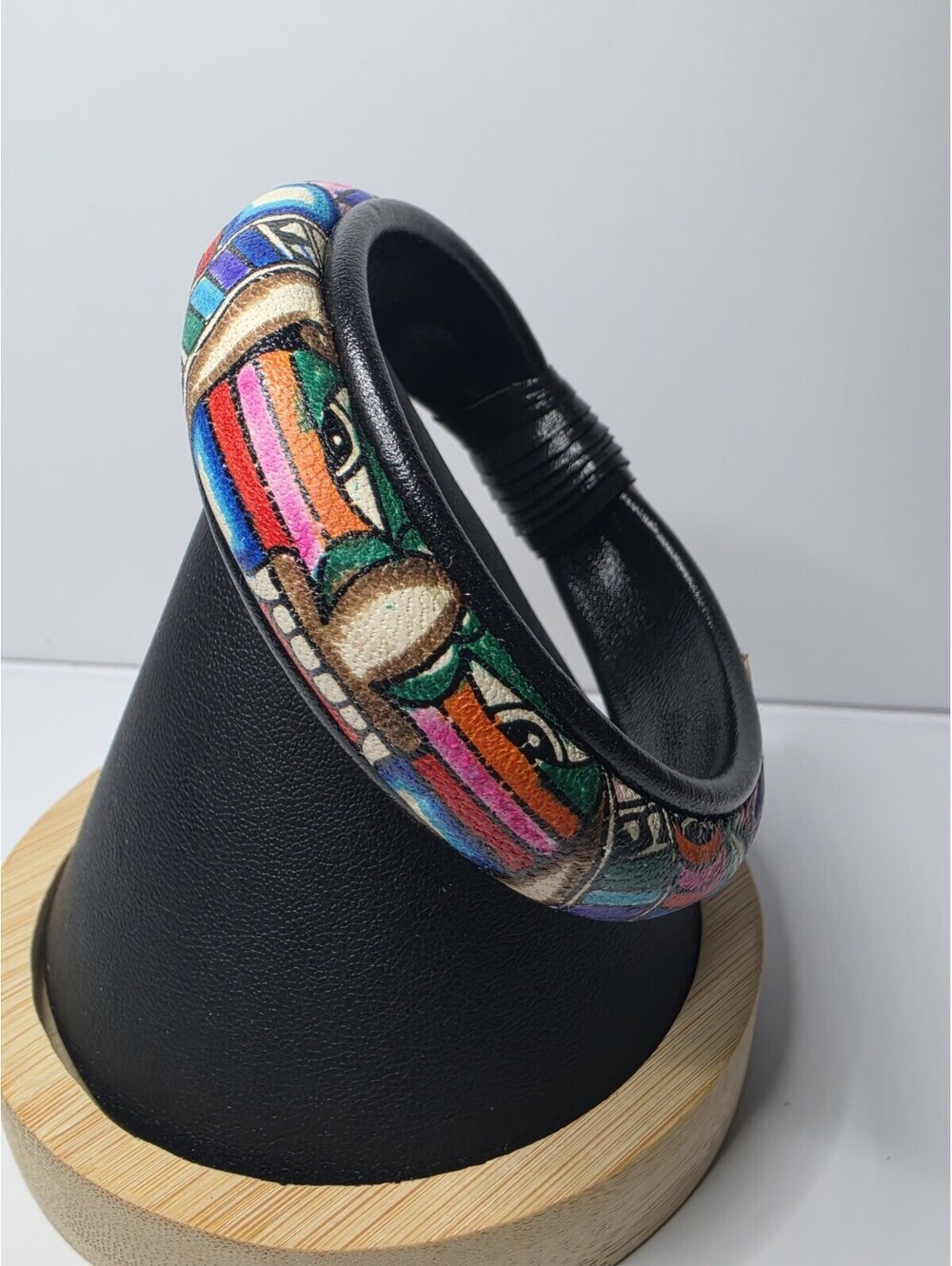 Vintage Mayan Leather Bangle Hand Painted Tribal Mask eye Design Bracelet
